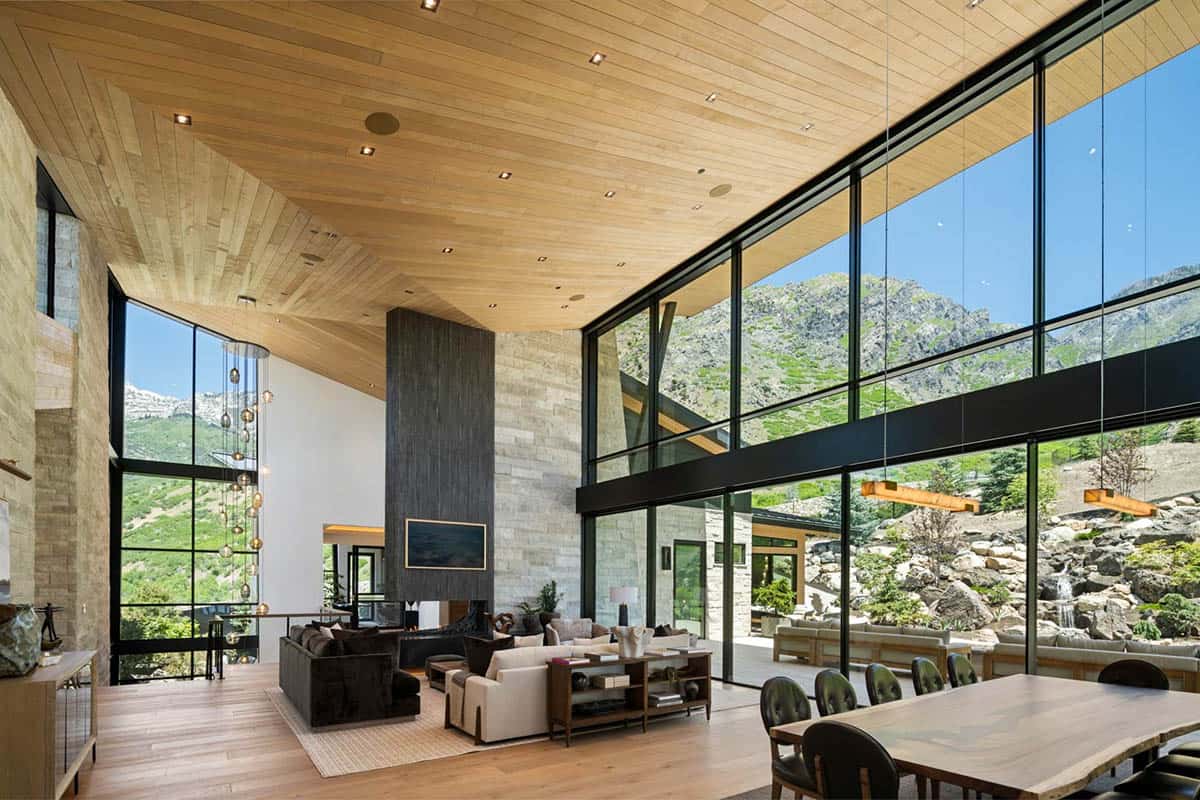 modern living room with a fireplace
