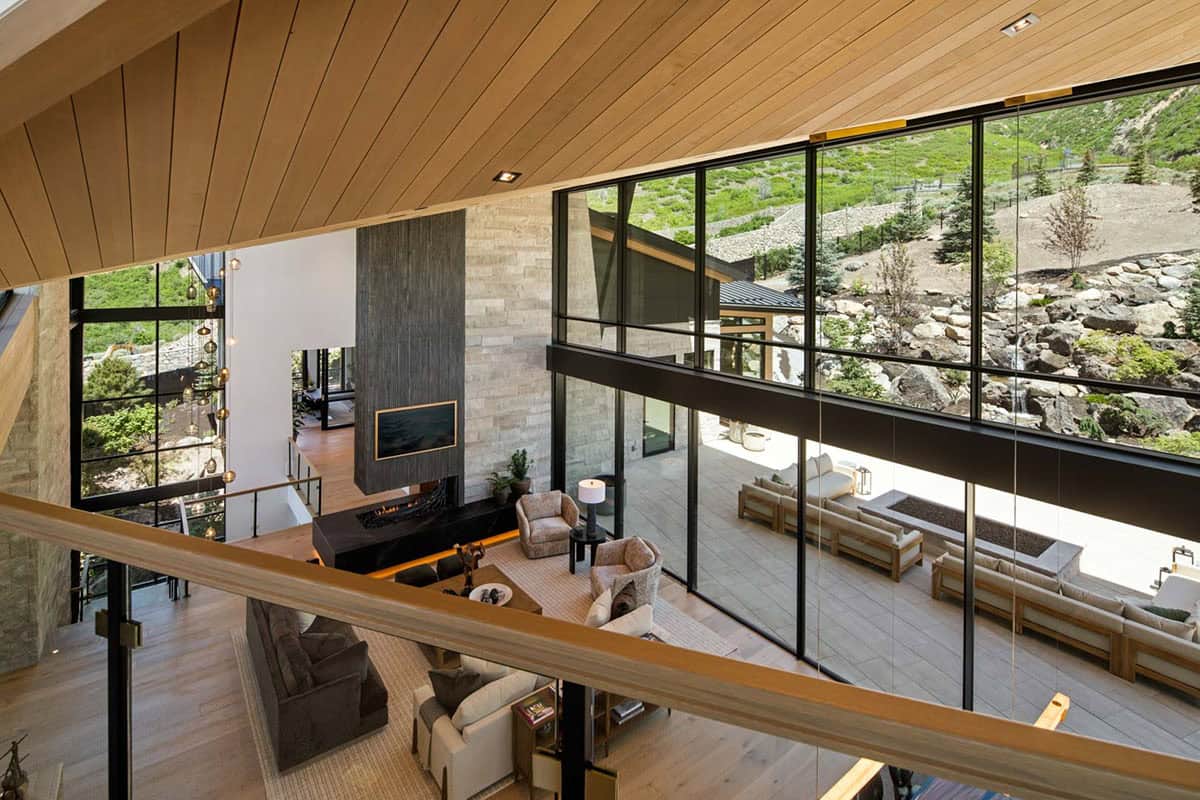 modern living room with a fireplace
