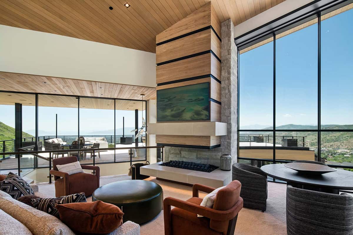 modern living room with a fireplace