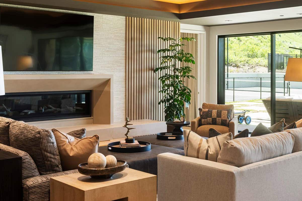 modern family room with a fireplace