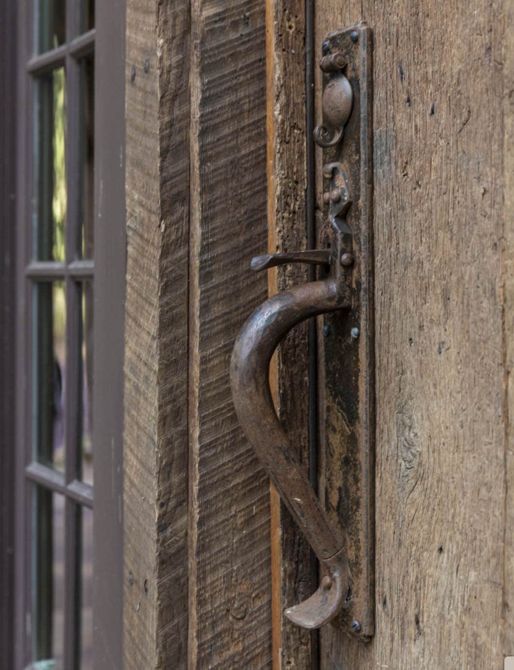 barn house exterior front door hardware detail