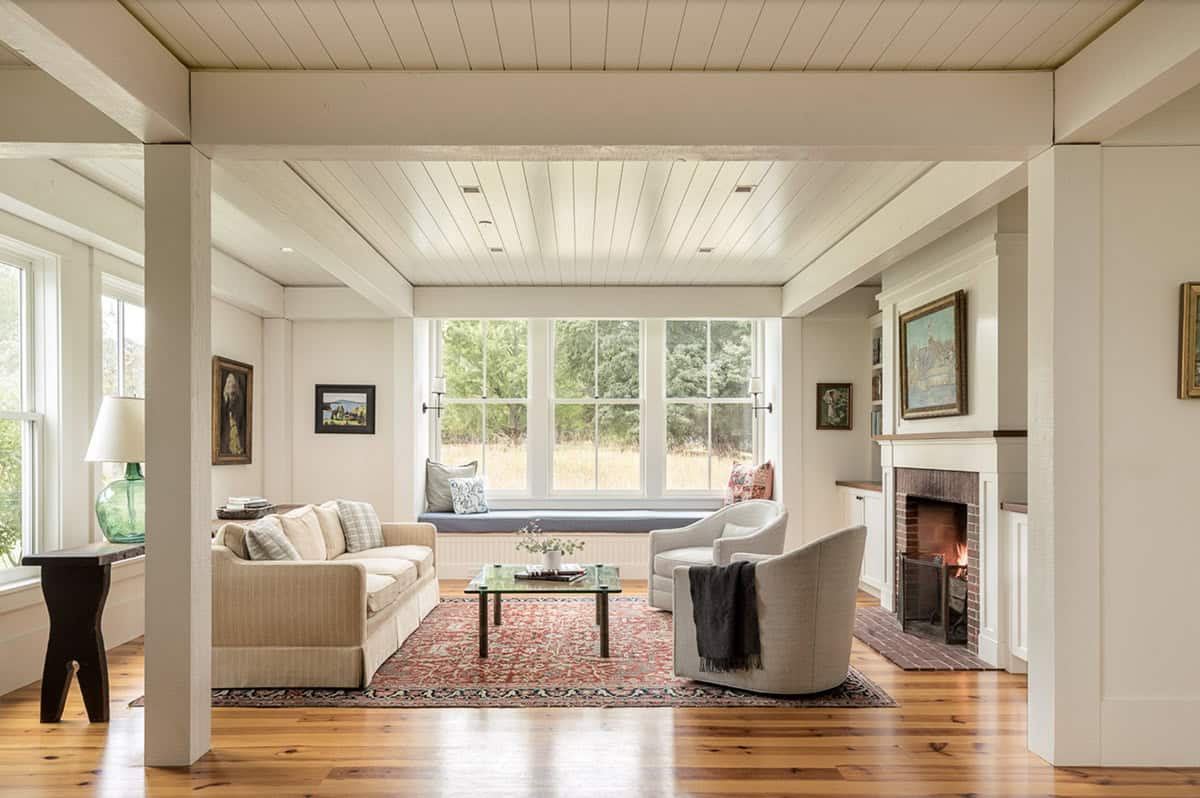 modern farmhouse living room with a fireplace