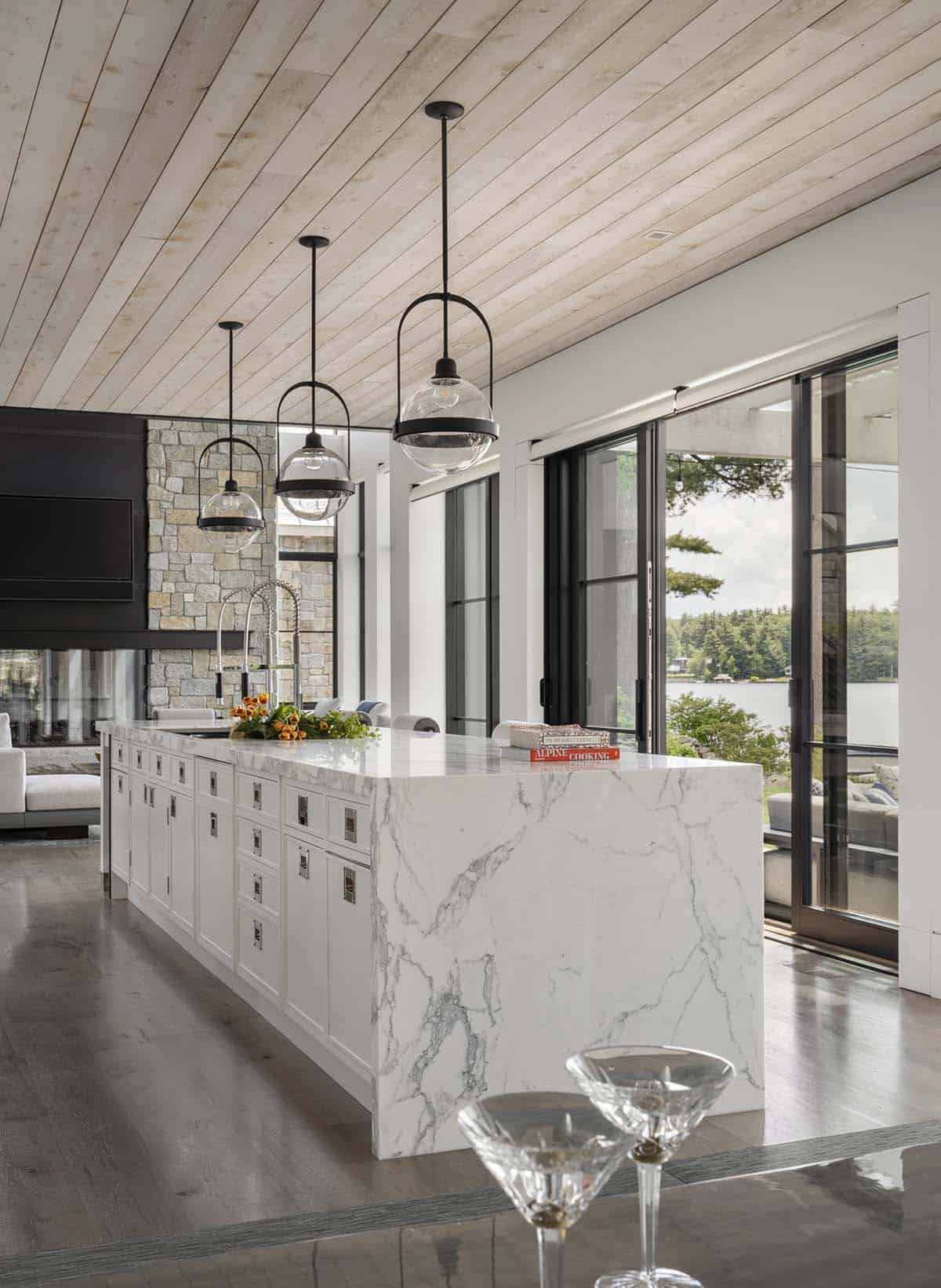modern kitchen with large pendant lights