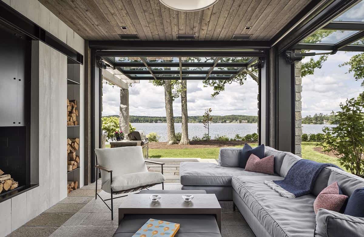 modern family room with a roll-up door