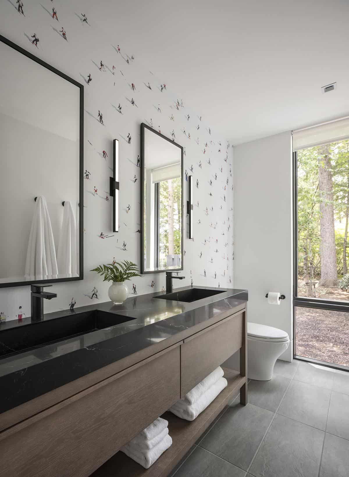modern bathroom with dual sinks and mirrors