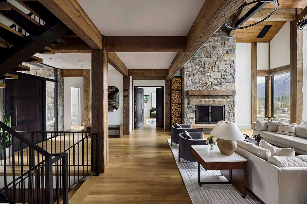 modern mountain style living room with a fireplace