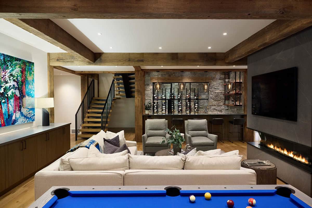 modern mountain style lower level family room