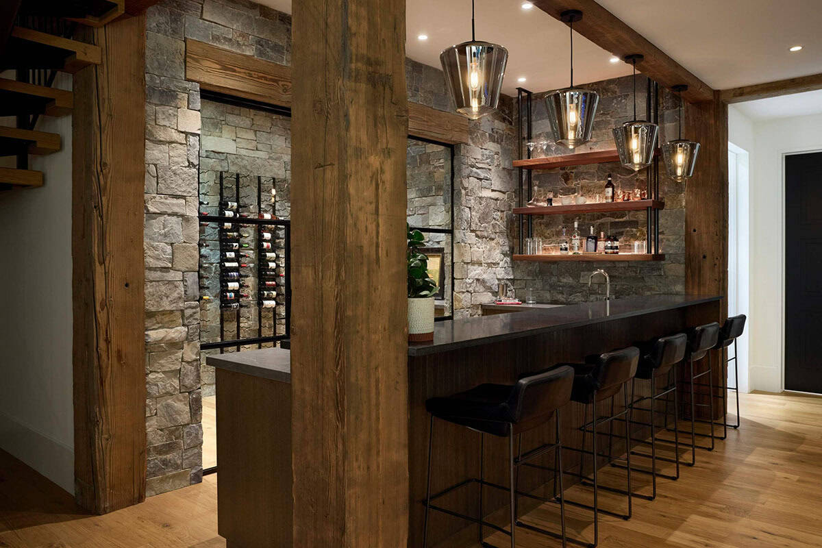 modern mountain style lower level home bar