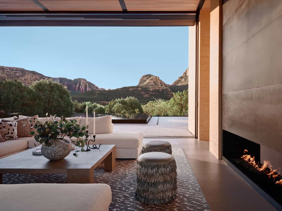 modern living room with a fireplace