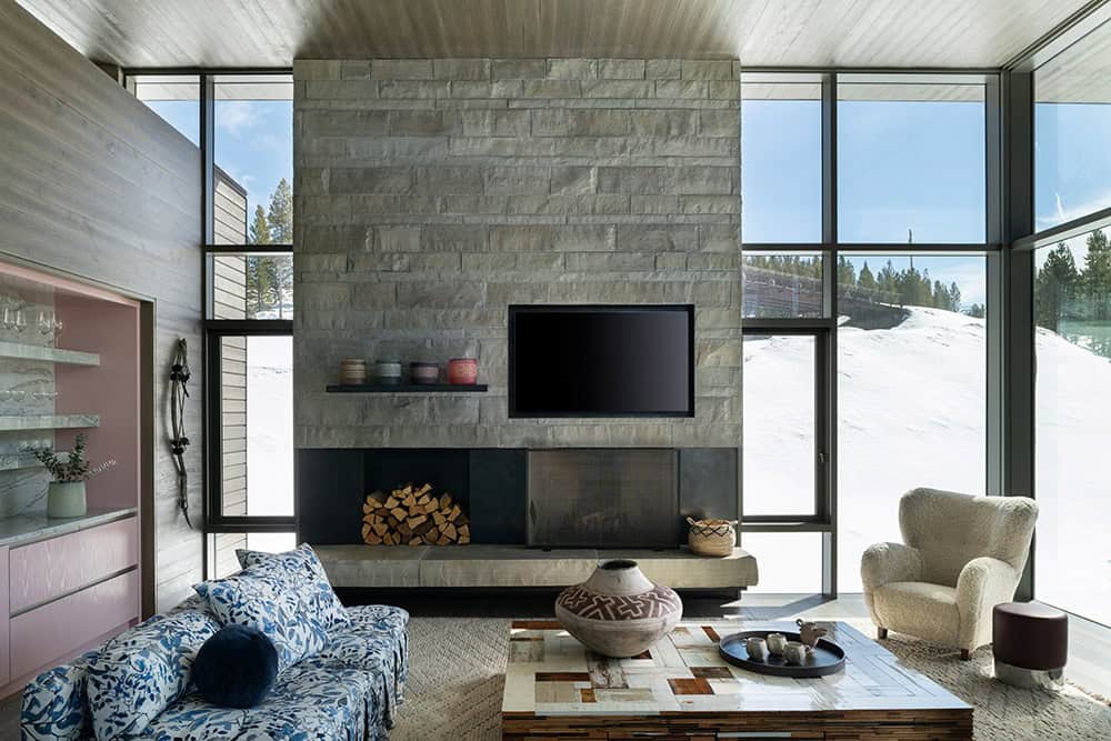 modern lviing room with a fireplace