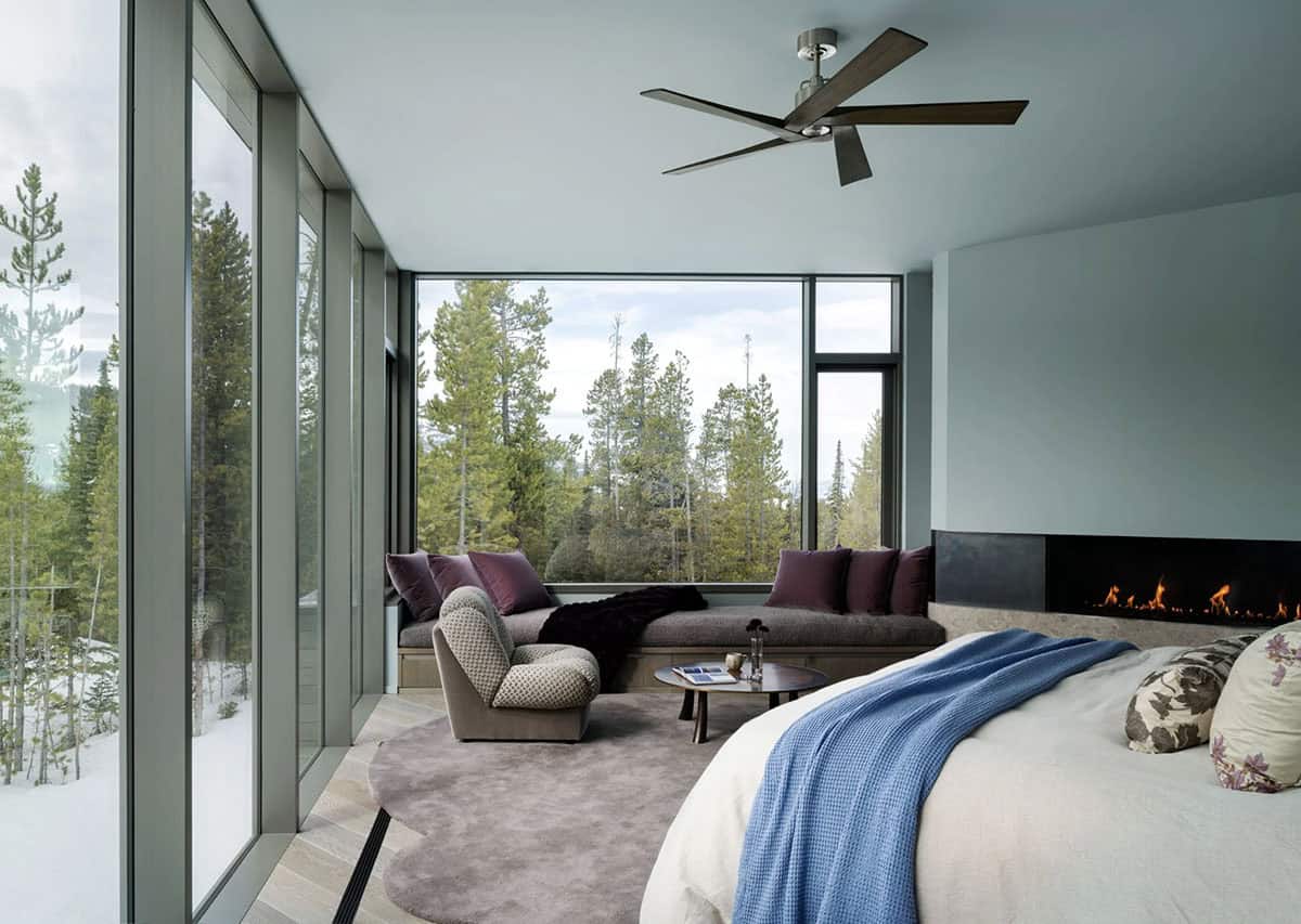 modern bedroom with a fireplace
