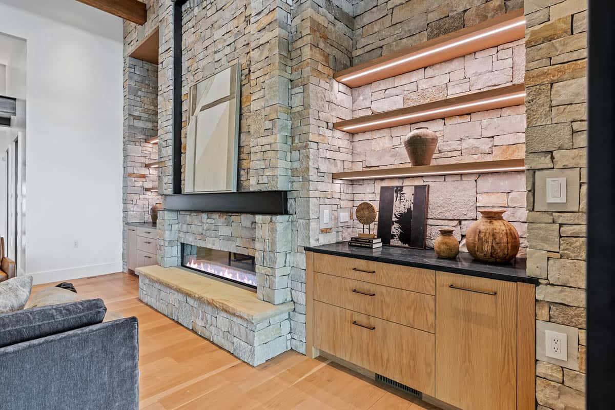 modern wet bar and fireplace