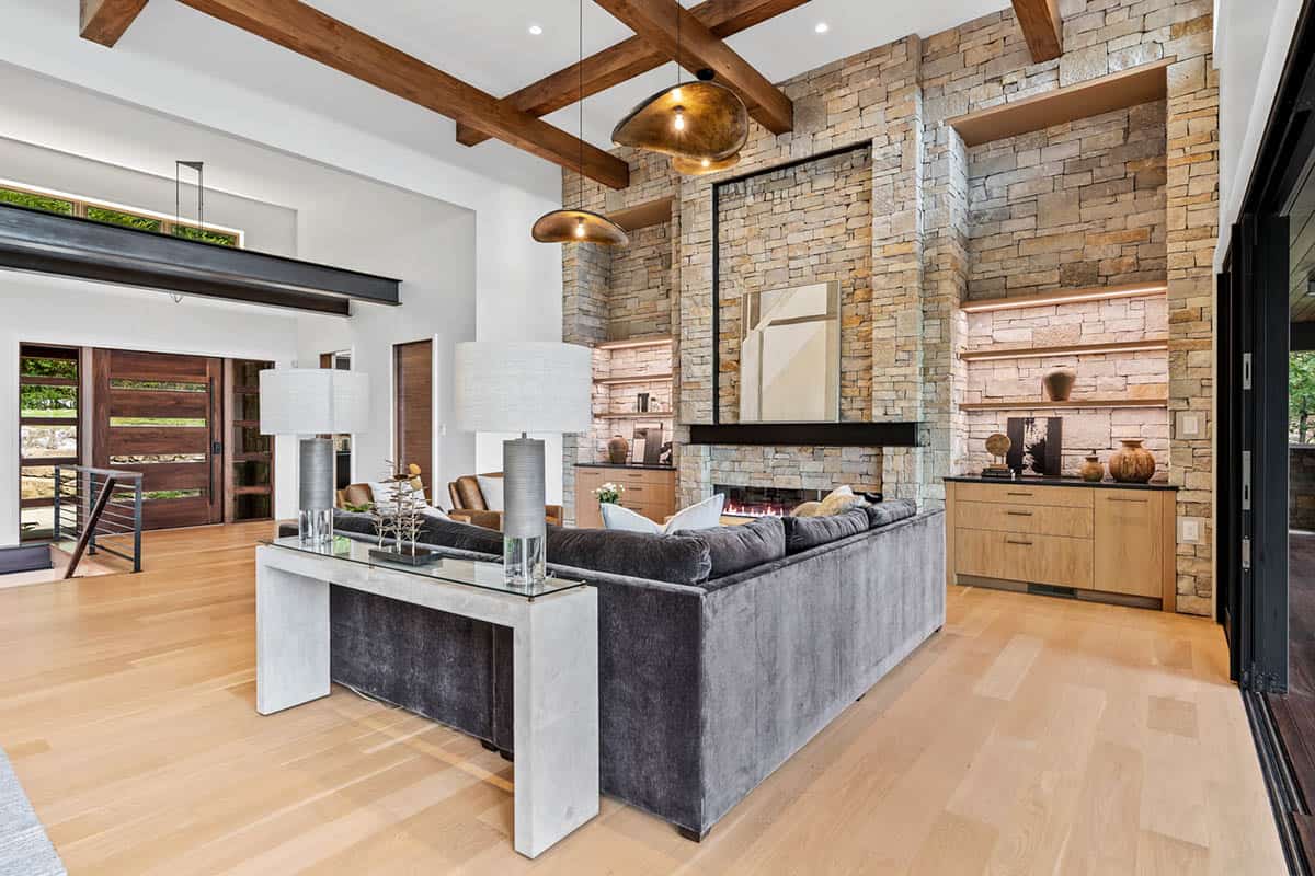 modern living room with a fireplace