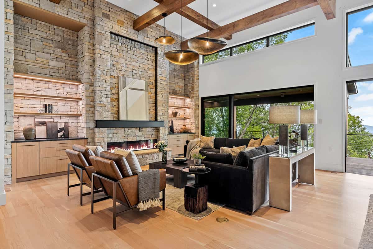 modern living room with a fireplace
