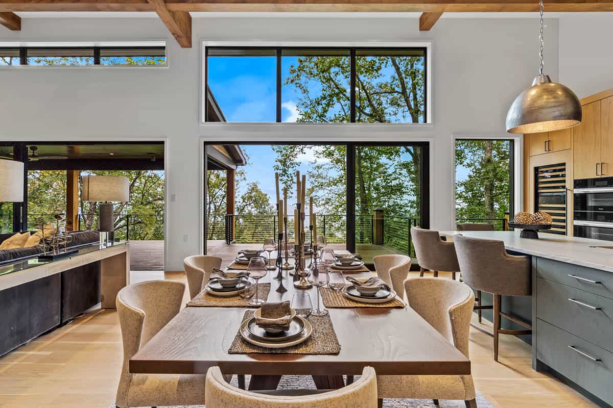 modern great room with a large window view