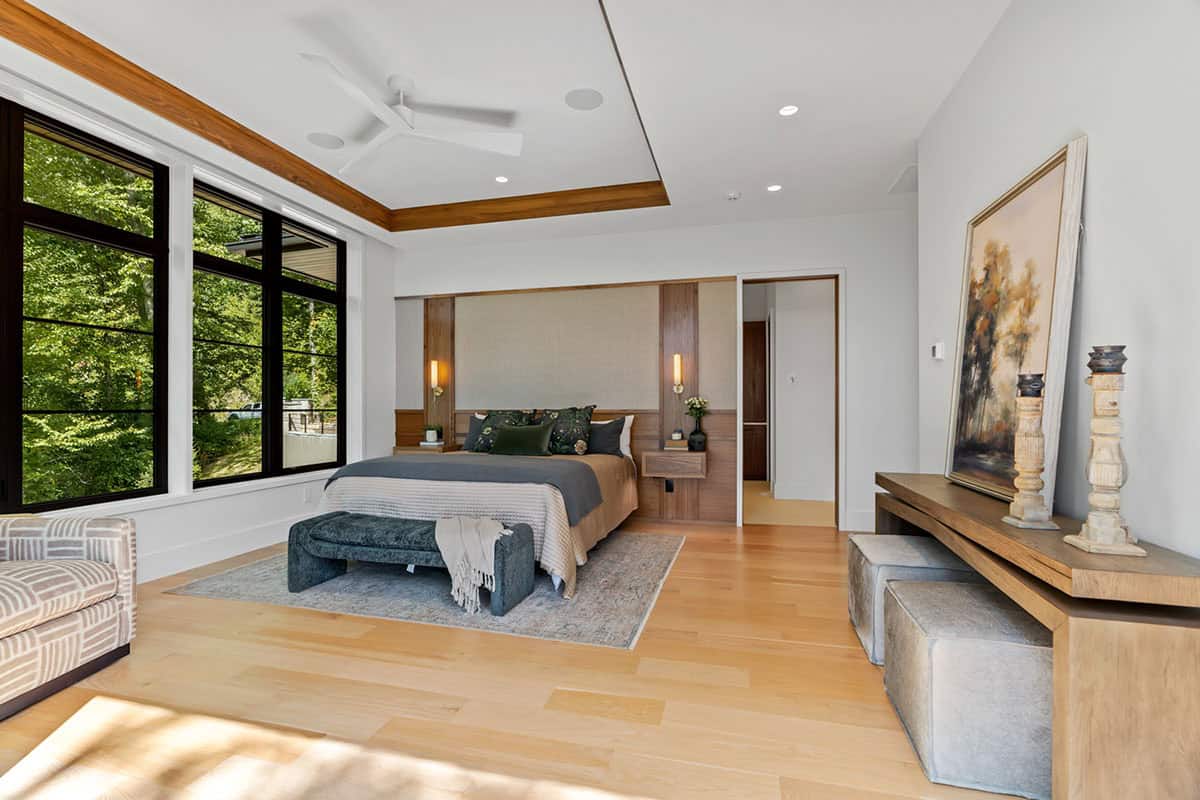 modern bedroom with large windows