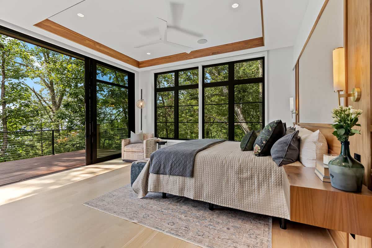 modern bedroom with large windows
