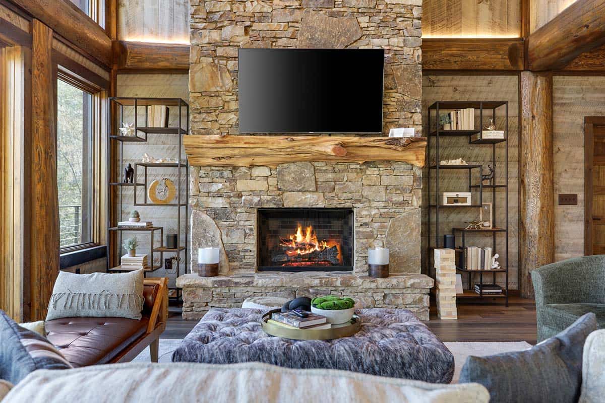modern rustic living room with a fireplace