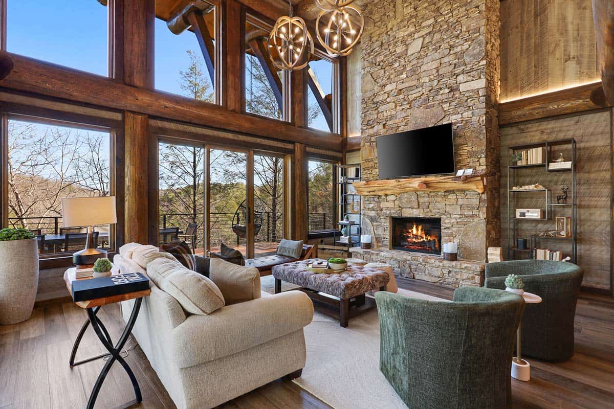 modern rustic living room with a fireplace