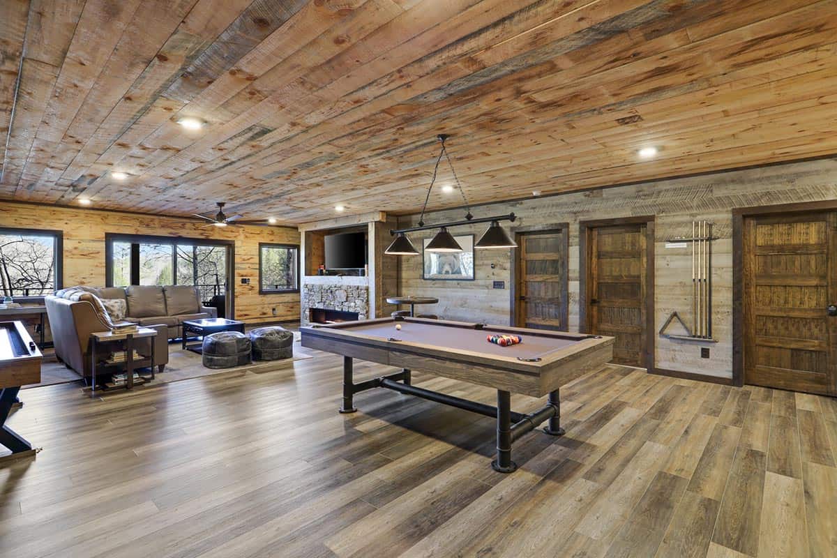 modern rustic lower-level game room