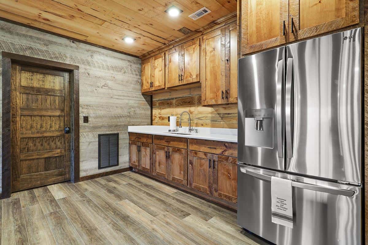 modern rustic lower-level kitchenette