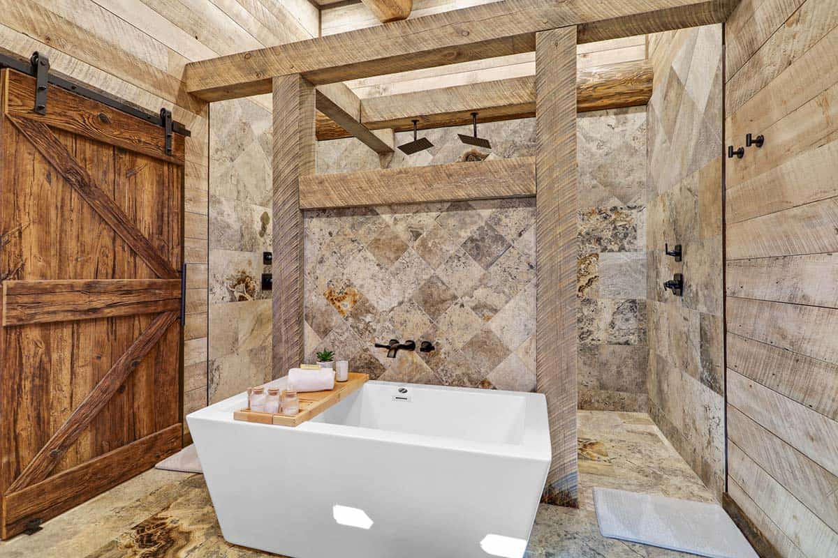 modern rustic bathroom with a soaking tub