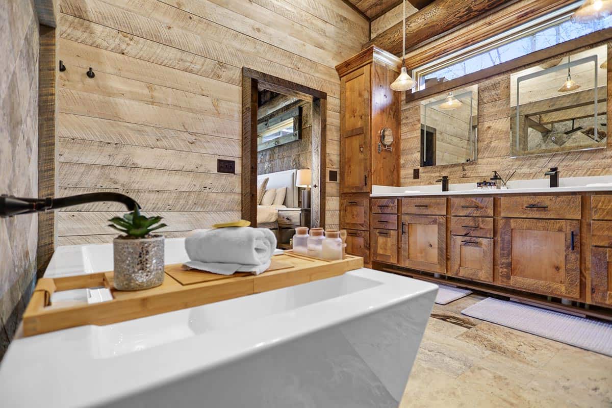modern rustic bathroom with a soaking tub