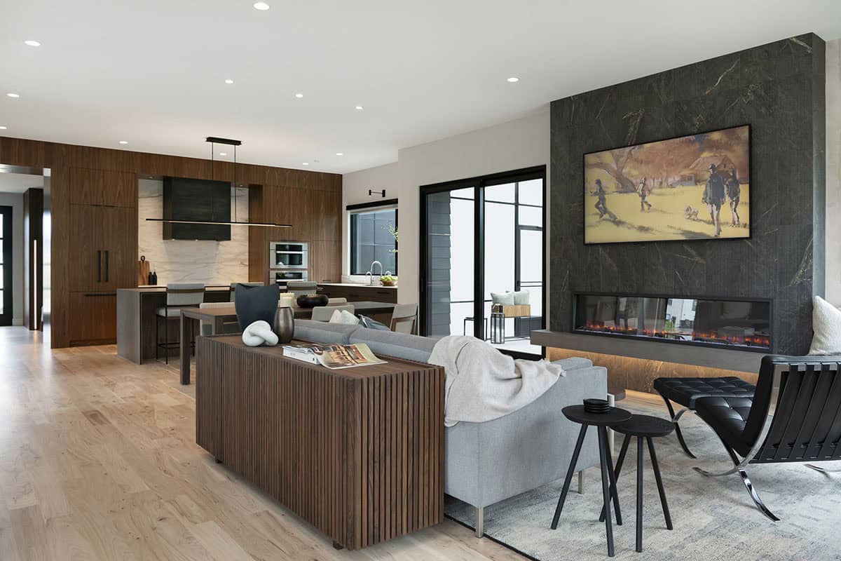modern living room with a fireplace