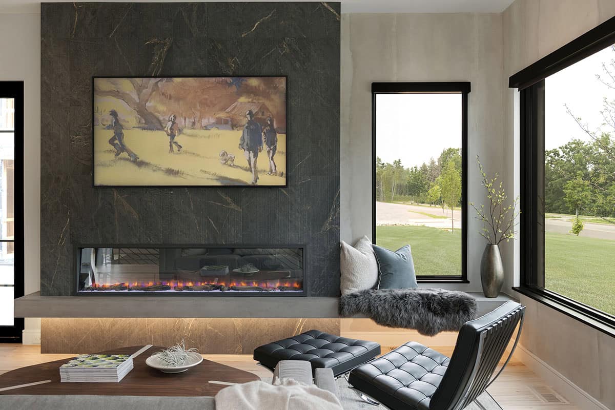 modern living room with a fireplace