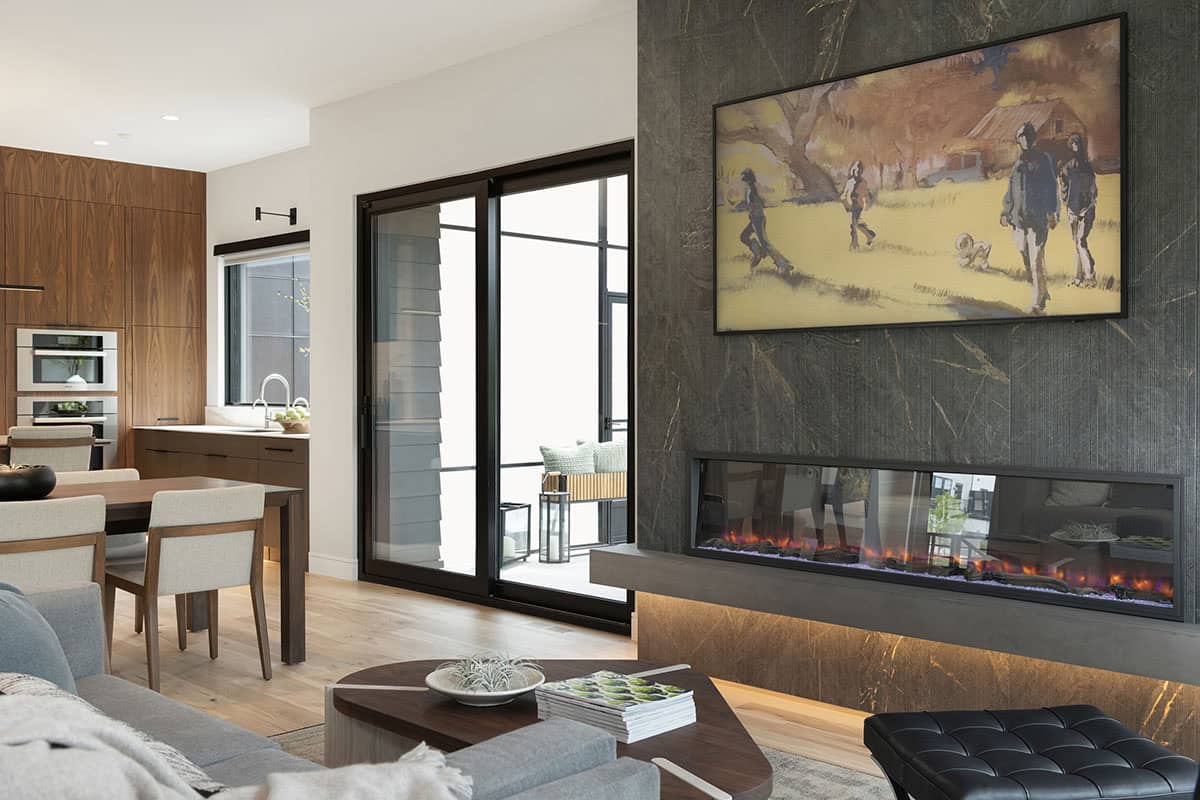 modern living room with a fireplace
