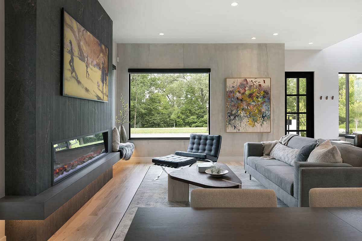 modern living room with a fireplace