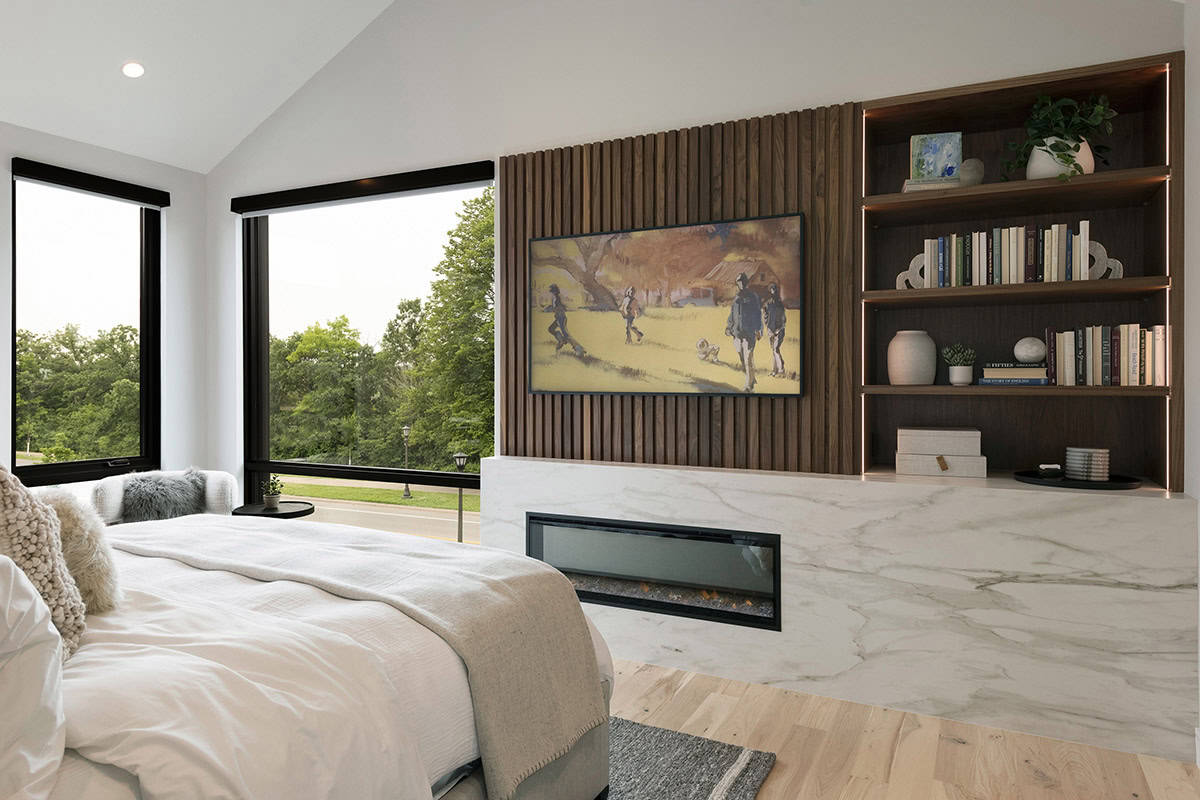 modern bedroom with a fireplace