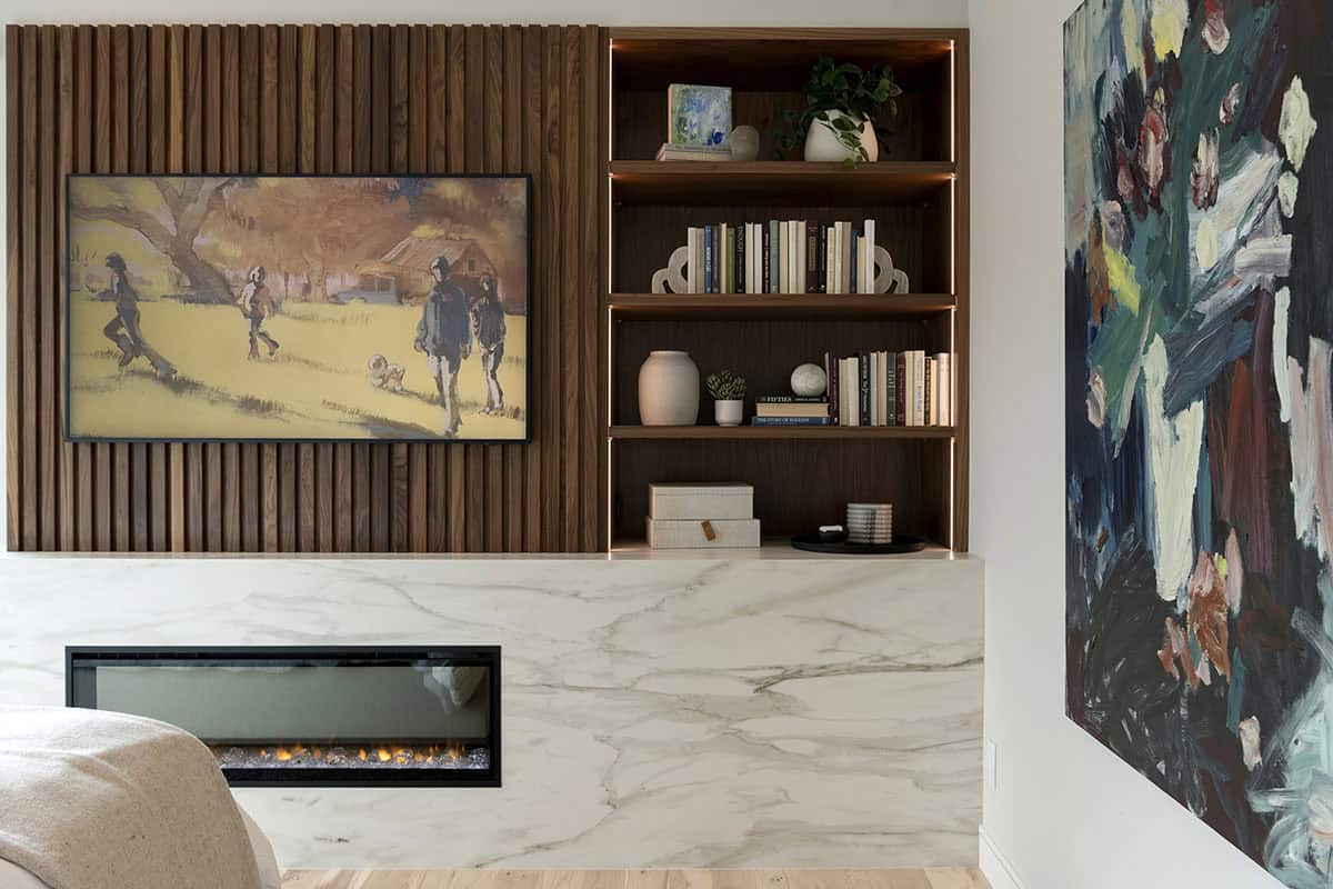 modern bedroom with a fireplace