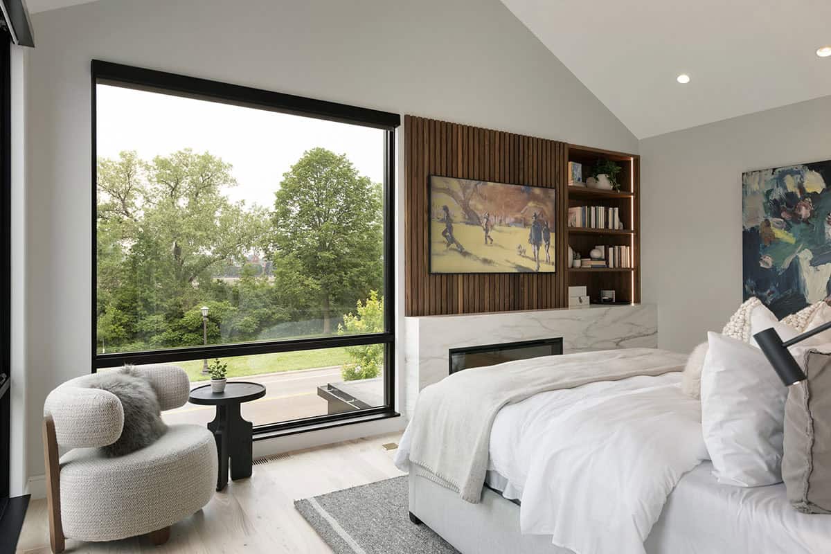 modern bedroom with a fireplace