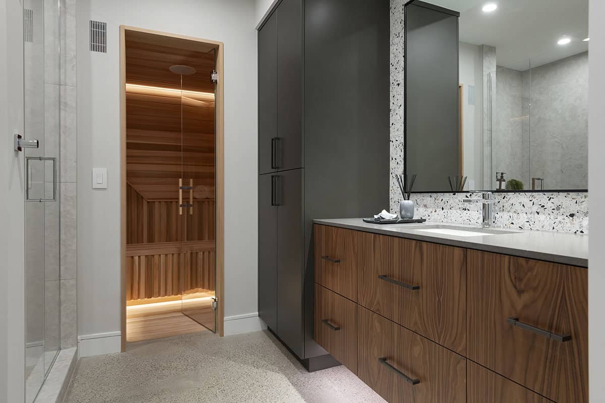 modern basement level with a bathroom and sauna