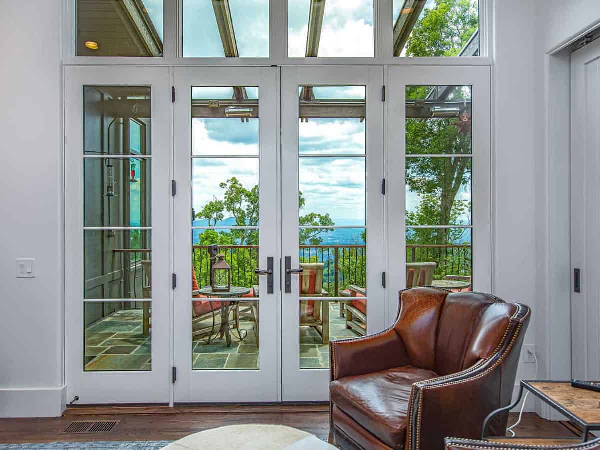mountain ranch style home office with french doors