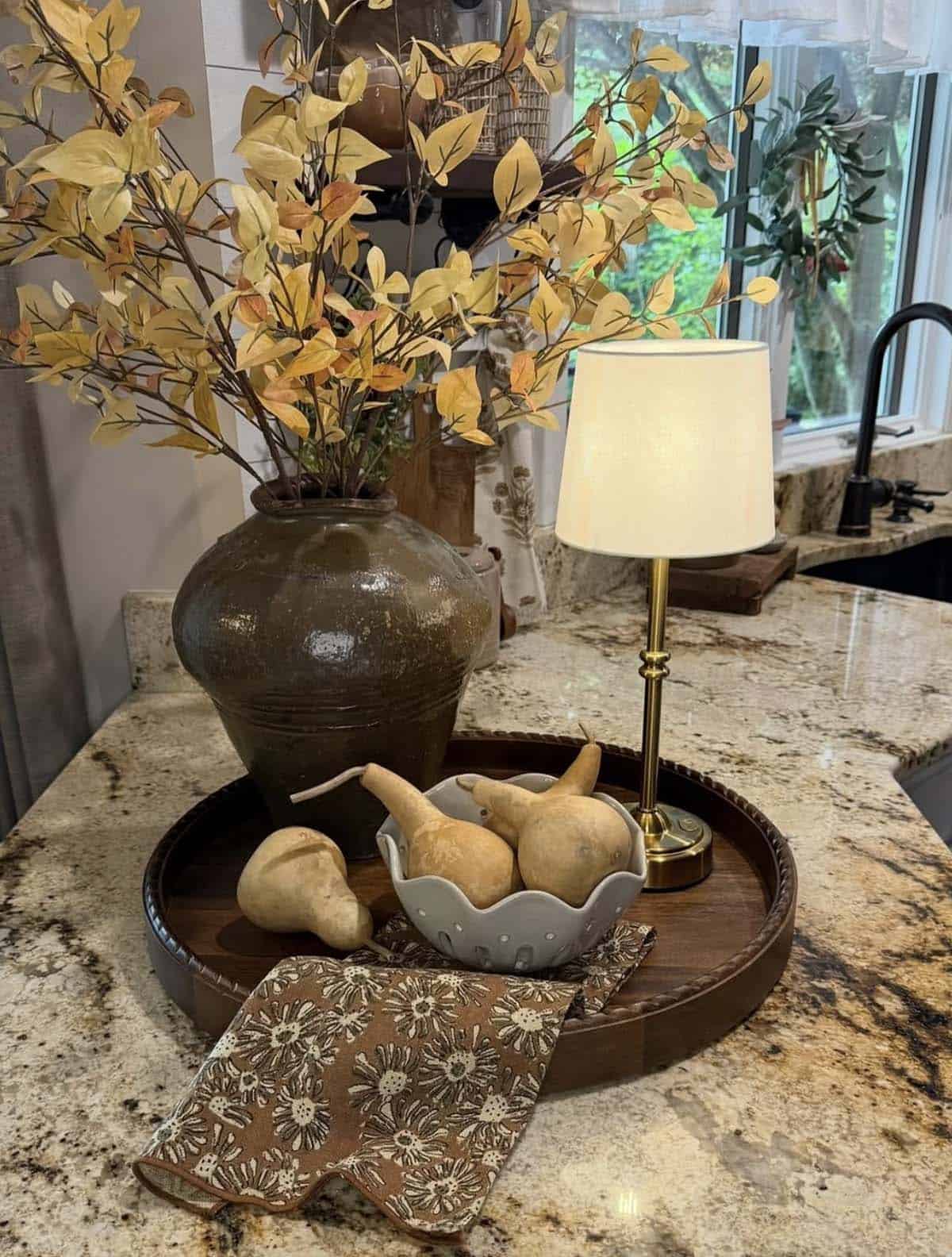 fall kitchen with a tray and decorations