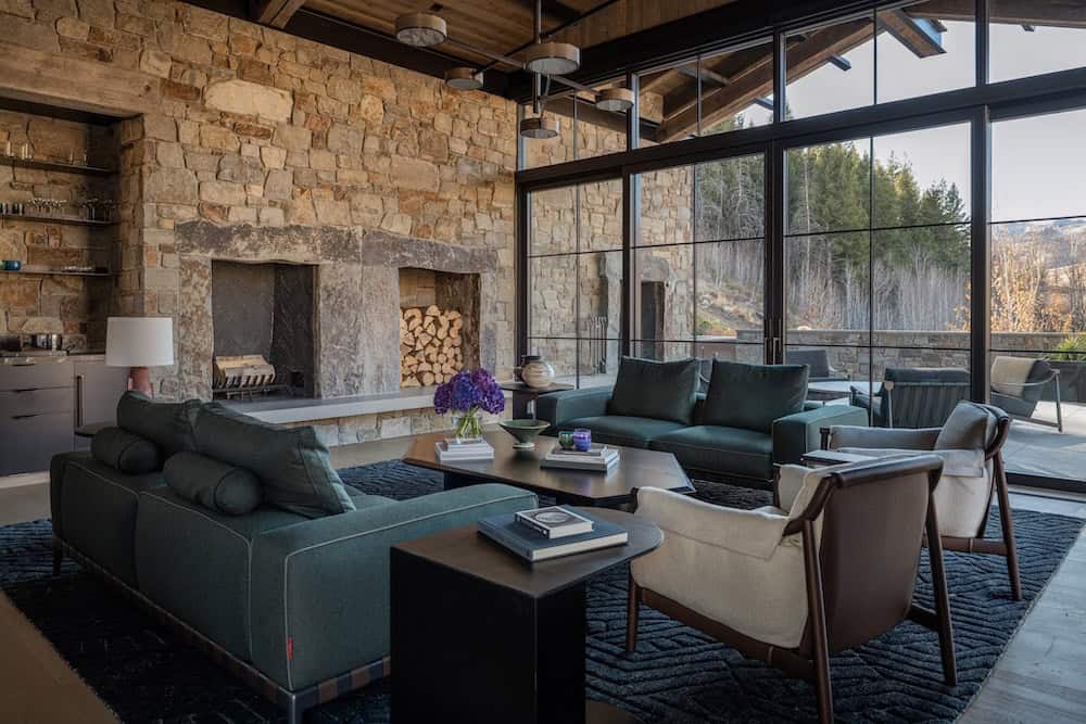 modern mountain style living room with a fireplace