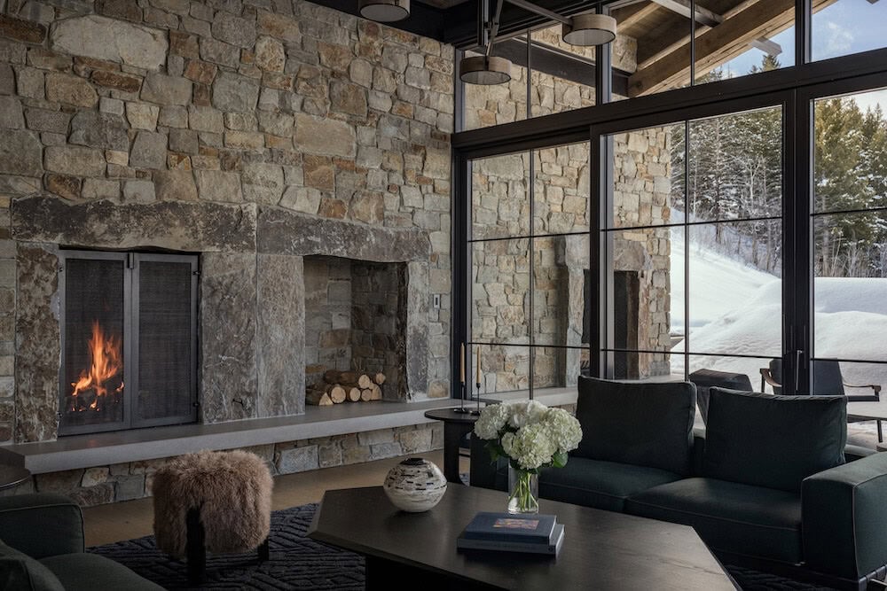 modern mountain style living room with a fireplace