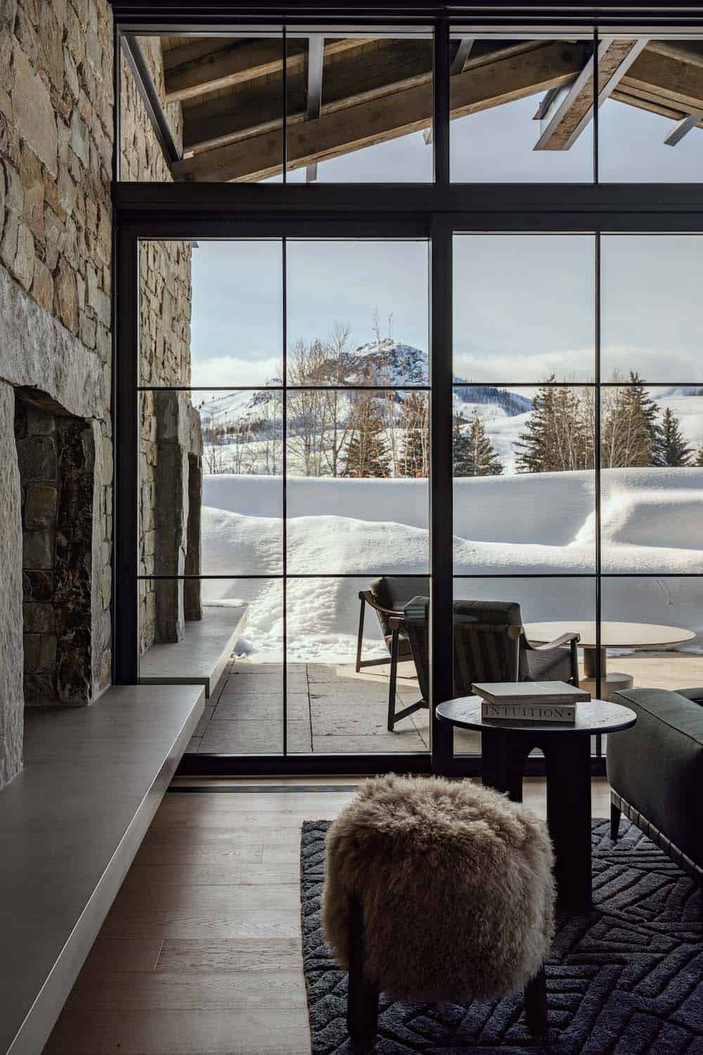 modern mountain style living room with a large window wall