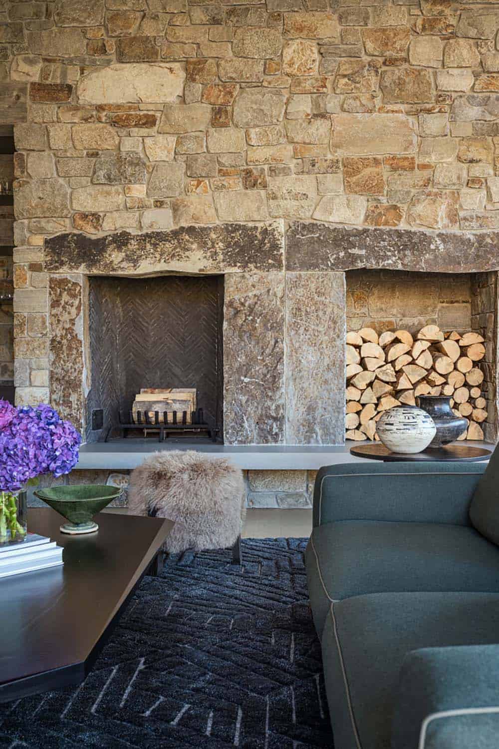 modern mountain style living room with a fireplace