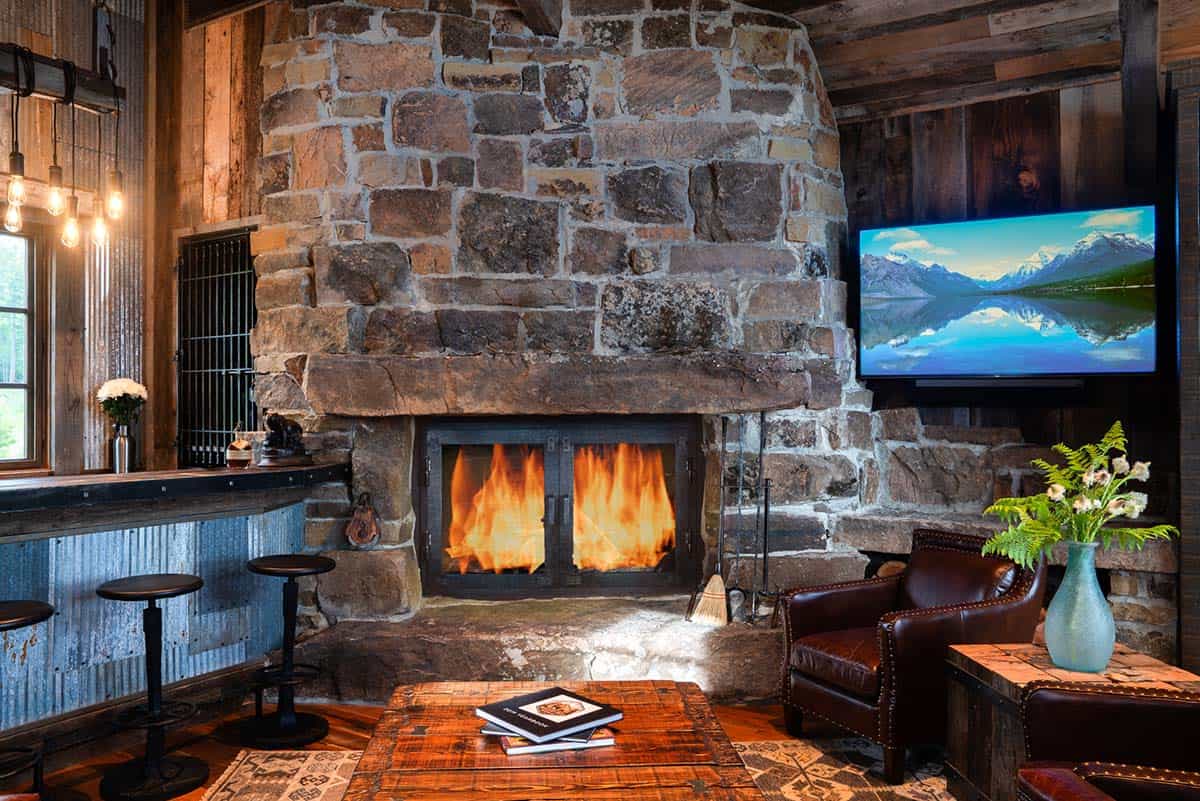 rustic living room with a fireplace