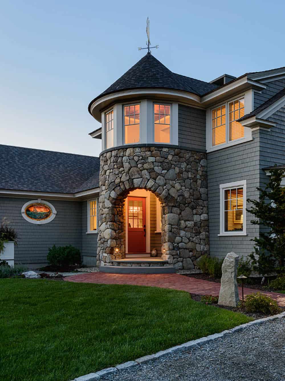 seaside cottage retreat exterior at dusk