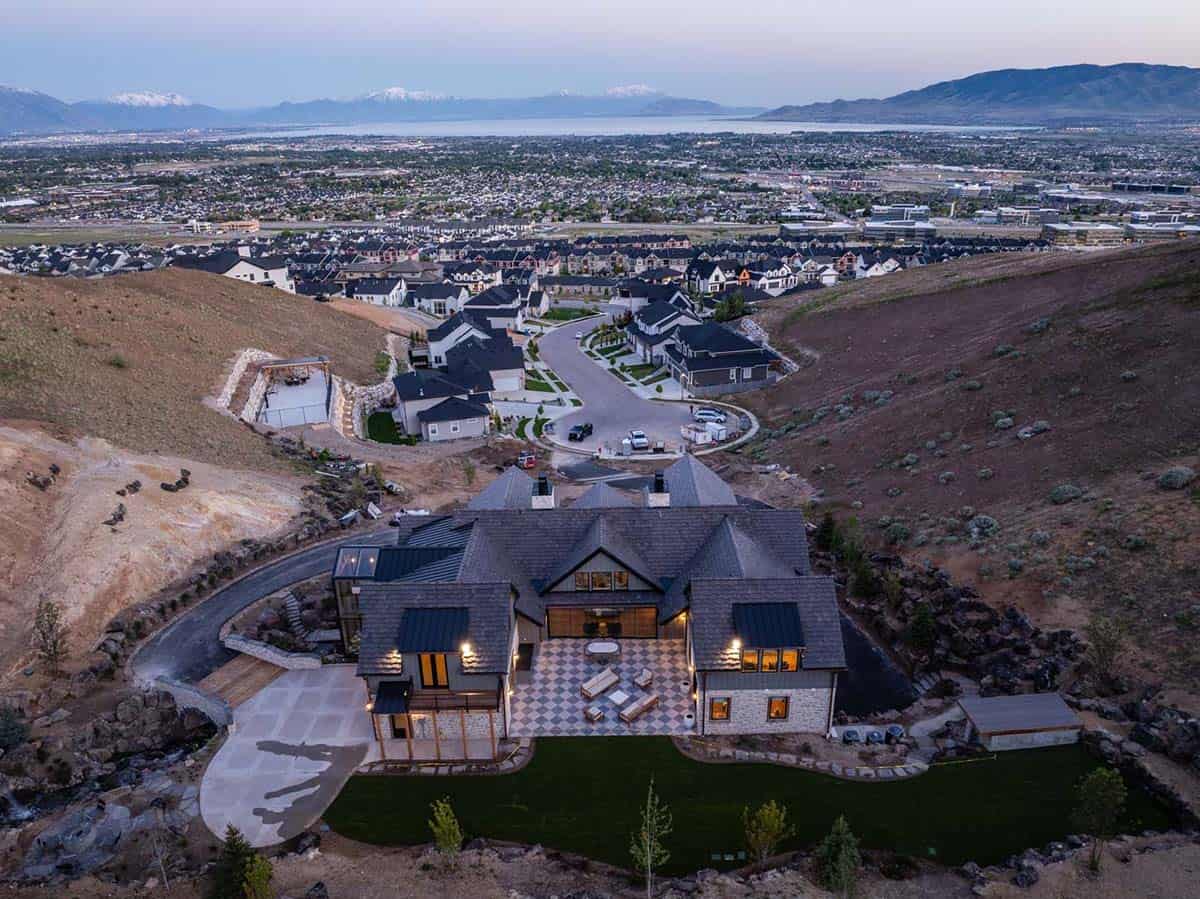 timber frame house exterior aerial view