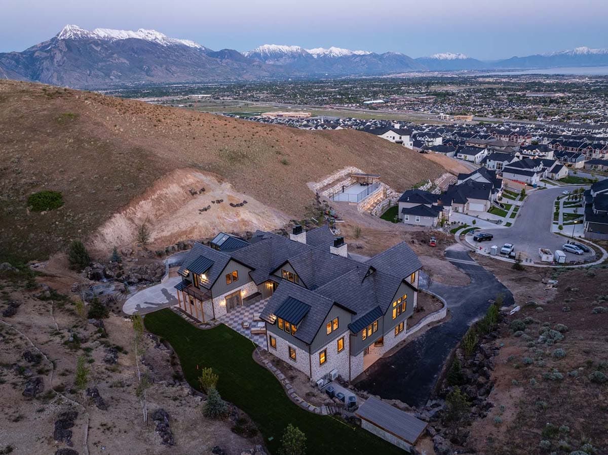 timber frame house exterior aerial view