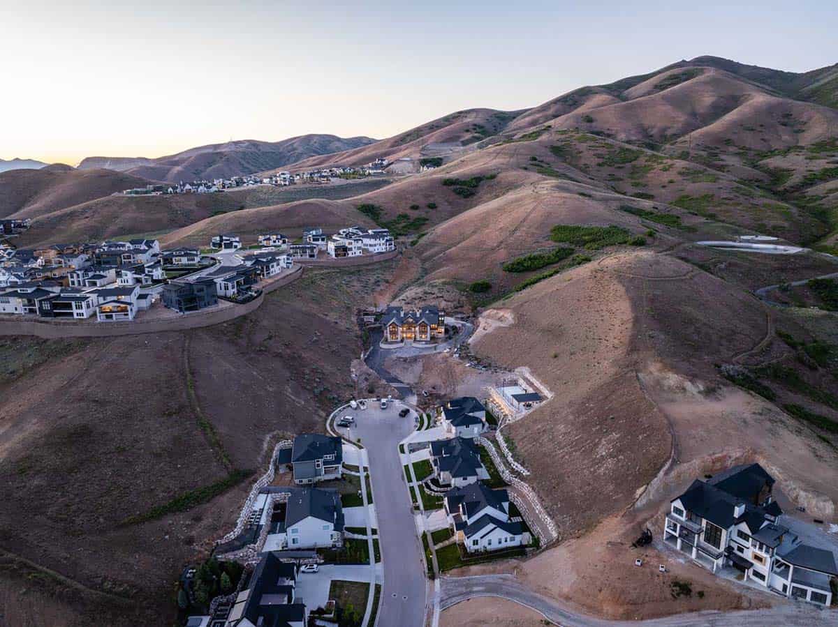 timber frame house exterior aerial view