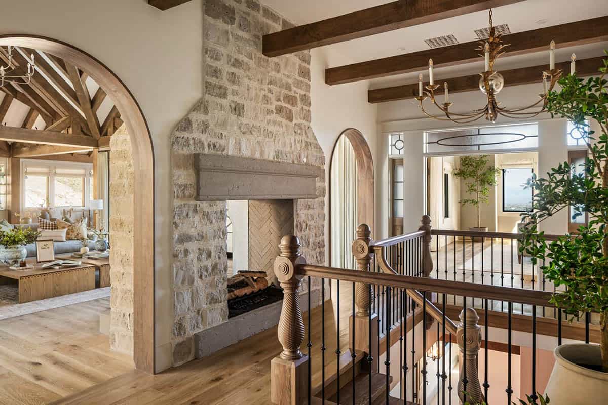 contemporary hallway with a dual-sided fireplace