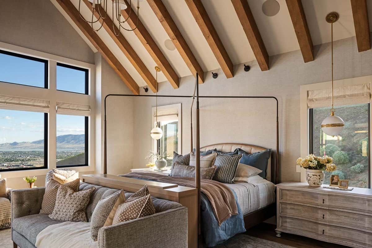 contemporary bedroom with a vaulted ceiling