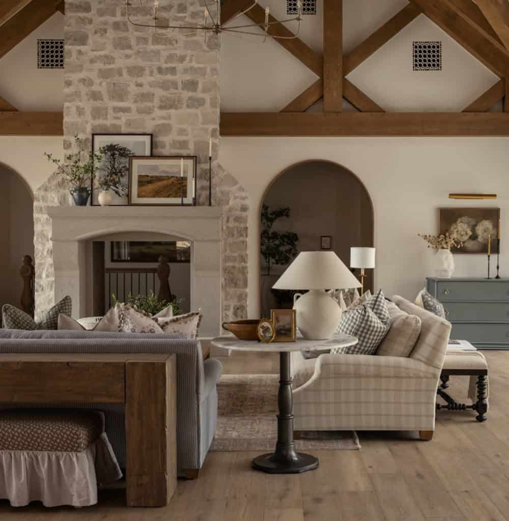 contemporary living room with a dual-sided fireplace 