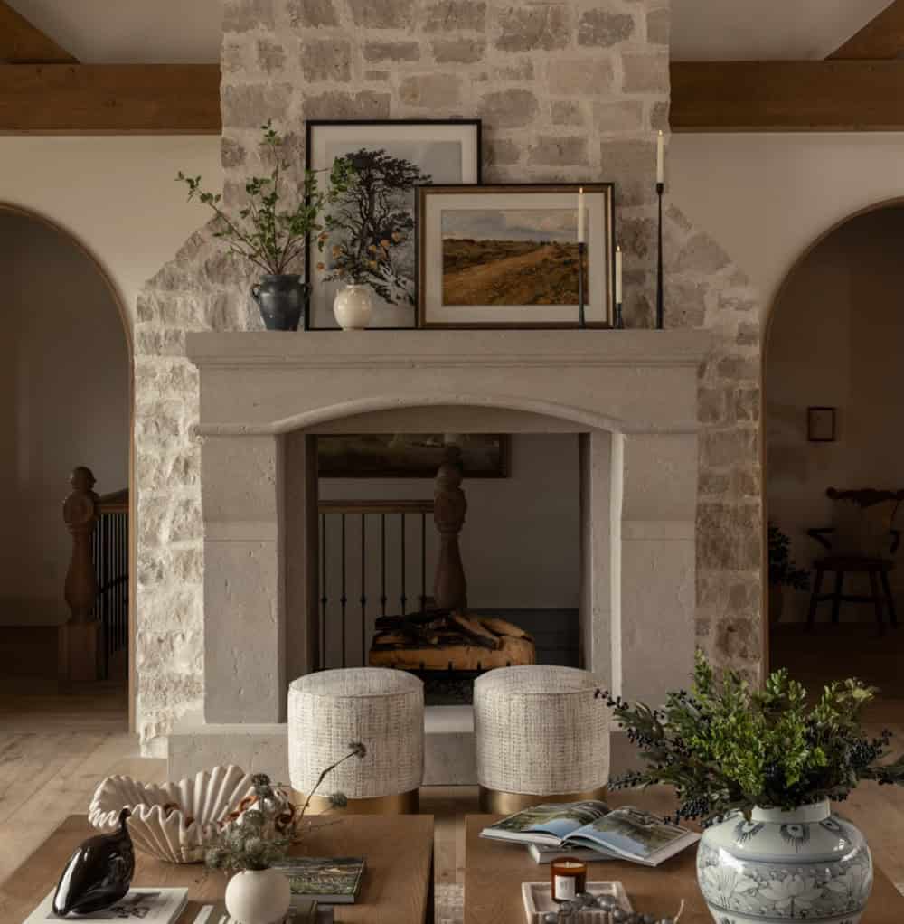 contemporary living room with a dual-sided fireplace